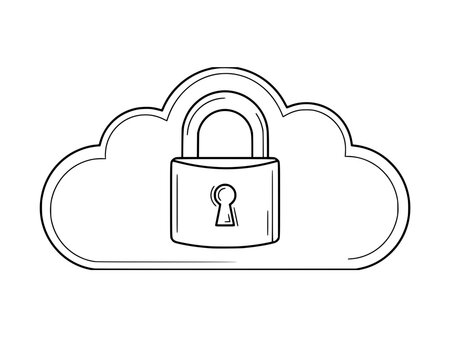Cloud Security Illustration, Data Protection and Secure Storage Concept, Cyber Privacy Encryption Line Art Minimalist Outline Vector