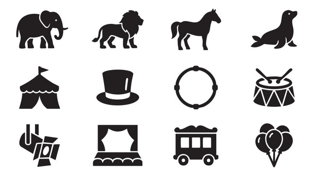 Circus icons, black silhouettes, animal and performance symbols, 12-pack vector graphics