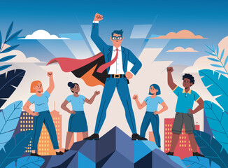 Obraz premium Superhero Business Leader with Empowered Team Standing on Mountain Peak Success Concept Vector Illustration