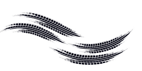 Tire tread marks, drift, motorsport, motocross, rally, tread mark with skid, grinding, splash effect. Graphic set of tire treads, wheel texture, car racing. Vector collection, wheel treads on asphalt © ribut