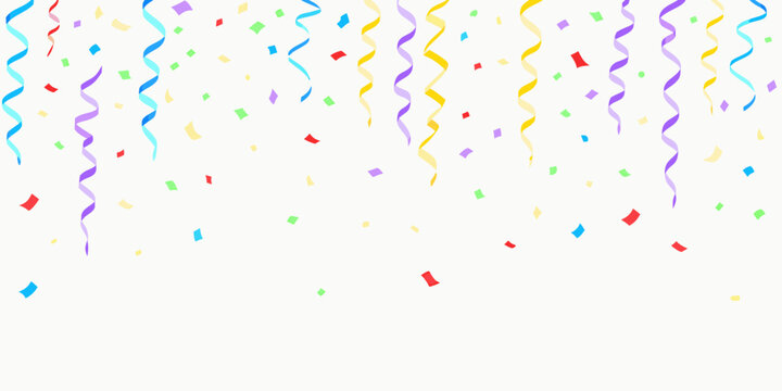 Confetti and ribbon streamers pattern on a white background