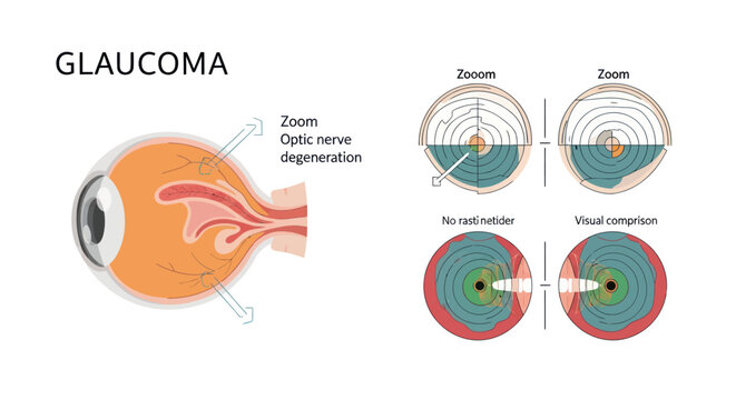 Illustration depicting glaucoma, showing optic nerve degeneration and visual field loss compared to a healthy eye.