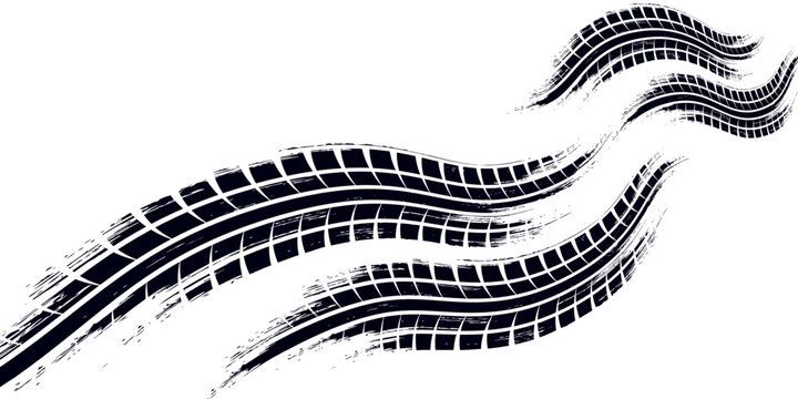 Tire tread marks, drift, motorsport, motocross, rally, tread mark with skid, grinding, splash effect. Graphic set of tire treads, wheel texture, car racing. Vector collection, wheel treads on asphalt