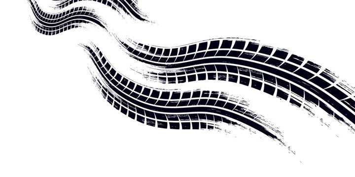 Tire tread marks, drift, motorsport, motocross, rally, tread mark with skid, grinding, splash effect. Graphic set of tire treads, wheel texture, car racing. Vector collection, wheel treads on asphalt