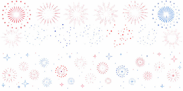 Fireworks display pattern with red white and blue bursts on white background
