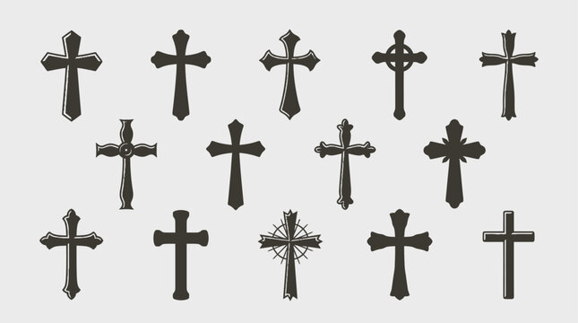 Various religious crosses are displayed on a plain surface for comparison.