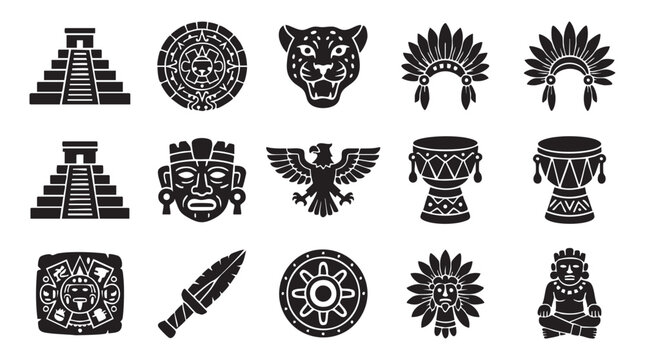 Aztec icons, ancient symbols, black vector graphics, 13 elements