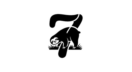 Fototapeta premium Black and white illustration of a sloth hanging from a number seven.