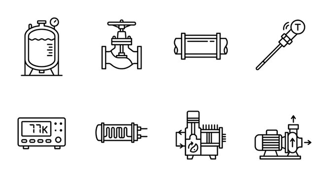 Industrial Equipment Icons Set: Pumps, Valves, Tank, Thermometer, Heater, Controller