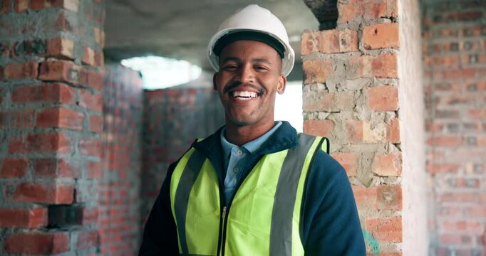 Tablet, happy and face of construction worker on site for research on property development with building. African man, digital tech and portrait of civil engineer with email for feedback on repairs.