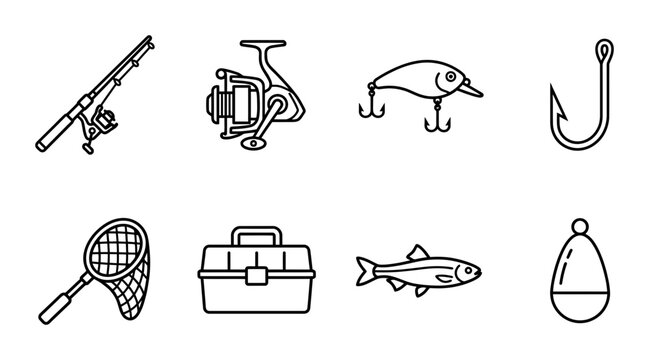 Fishing Gear Icons Set: Rod, Reel, Lure, Hook, Net, Tackle Box, Fish, Bobber Vector Graphics