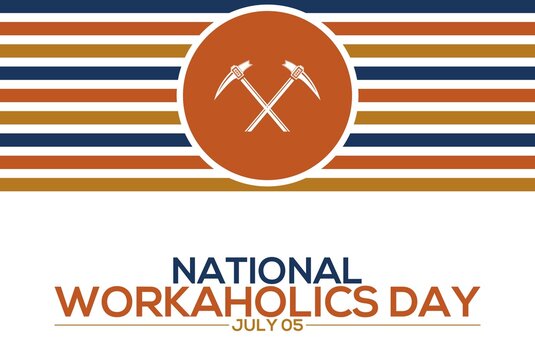 National Workaholics Day July 05 crossed pickaxe icons striped background clean graphic design modern illustration