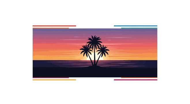 Retro Sunset Beach Landscape with Palm Trees and Ocean Waves