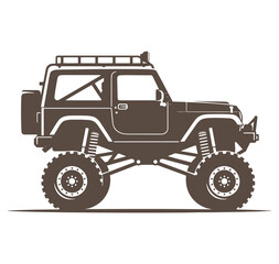 Fototapeta premium Brown offroad vehicle with large tires and roof rack on white background