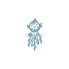 Fototapeta premium Playful Kawaii Ocean Wind Chime Mascot With Smiling Face, Hanging Seashells, Seaweed Strands And Colorful Beads, Hand‑Drawn Bold Outline Vector Illustration