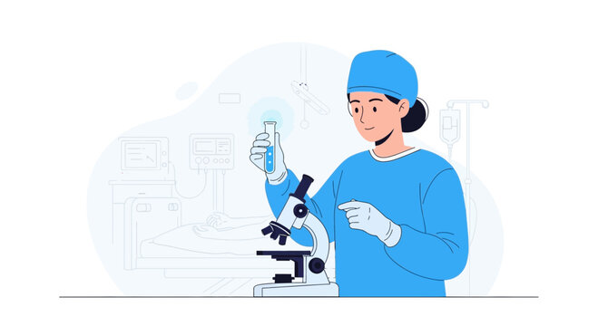 Scientist working with microscope and test tube in lab - medical research