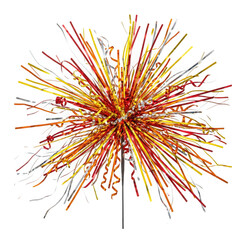 Fototapeta premium Festive fireworkshaped party decoration made of shiny red, orange, yellow, and silver metallic tinsel isolated on transparent background