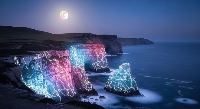 Magical light projection art on dramatic ocean cliffs at night.