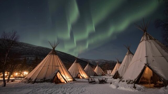 Aurora Borealis Over Snowy Mountain Tent Camp at Night with Warm Lodge Light and Peaceful Winter Landscape
