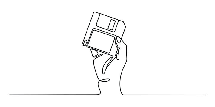 Continuous line drawing of a hand holding a floppy disk