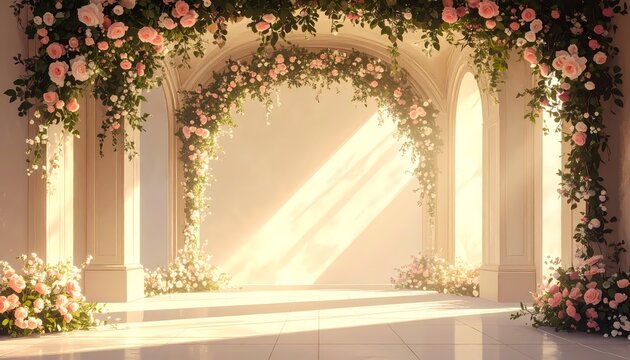 Floral wedding arch with pink roses, wide angle view for marriage ceremony, realistic style with warm golden sunbeams on classical white architectural background.