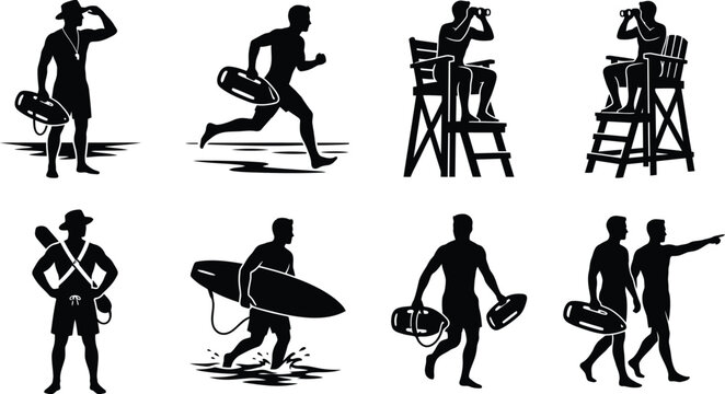 Professional beach lifeguard silhouettes and rescue team icons