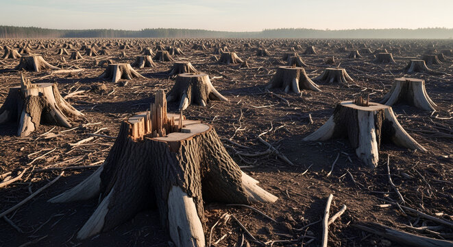 Wide view of a deforested landscape filled with detailed tree stumps under soft morning light, capturing environmental destruction with cinematic realism and natural earth tones.