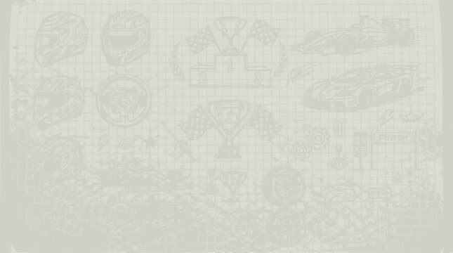 Vintage Racing Icons: Helmets, Cars, Trophy, Checkered Flags - Grunge Texture Background