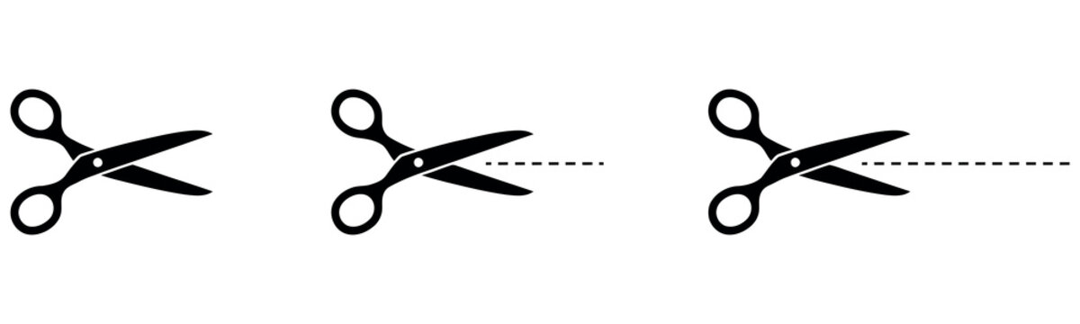 Set of black scissor icons with dotted cut lines on a clean white background for design work.