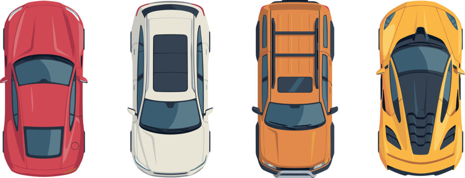 Cars top view vector illustration collection with different auto types for parking and traffic design