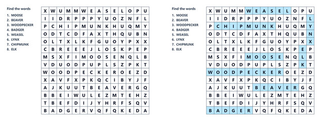 Woodland Creatures Word Search Activity, Mystery word puzzle © Irina