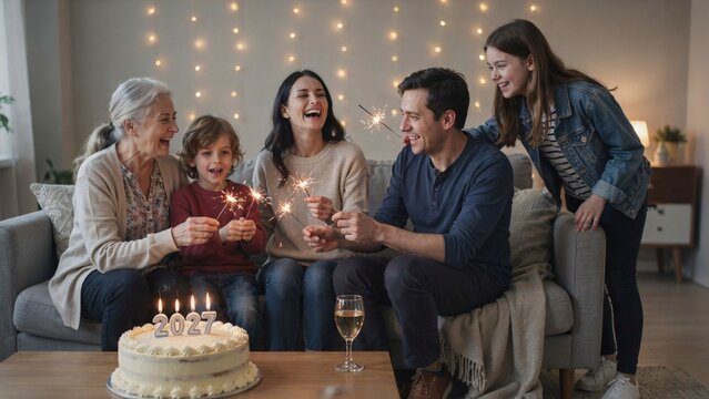 Multi Generational Family Celebrating New Year 2027 at Home with Sparklers and Festive Cake