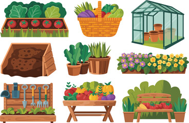 Obraz premium Garden icons set, organic farming vector, backyard hobby