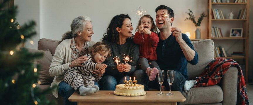 Multi Generational Family Celebrating New Year 2027 at Home with Sparklers and Festive Cake