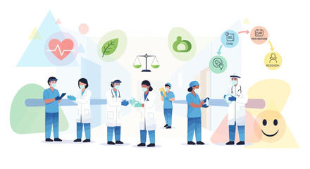 Fototapeta premium Healthcare teamwork, medical professionals, hospital corridor, health icons, health journey