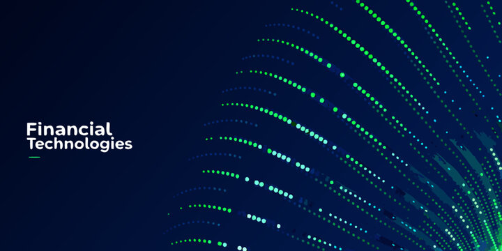 Diagonal dotted lines and text reading financial technologies on a dark blue background abstract