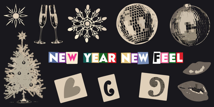 New year collage featuring champagne glasses snowflake disco ball and christmas tree illustration eve