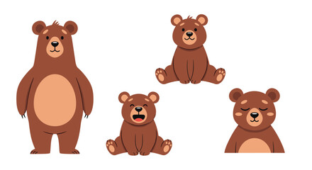 Obraz premium Four cute cartoon brown bears in various poses and expressions including standing sitting and sleeping for kids themes.