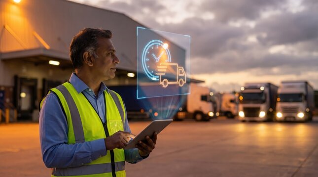 India Logistics and Supply Chain Concept: Indian Logistics Operator with Floating Holographic Clock and Cargo Truck Icons in Front of Warehouse