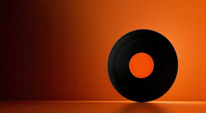 Black vinyl record with bright orange label against gradient orange background