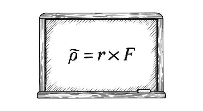 Physics Formula on Blackboard: Angular Momentum (rho) = r x F