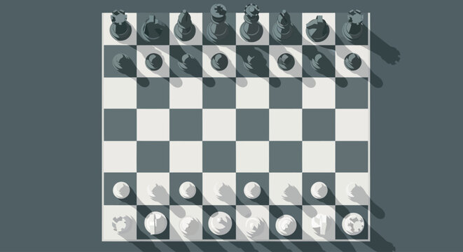 Minimalist top down view of a chess board with pieces in starting position