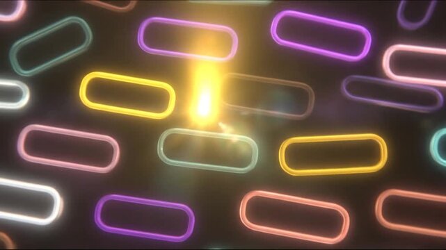 Illuminated, colorful oblong shapes in a repeating pattern on a dark background. Glowing bright elements