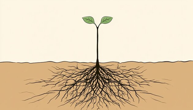A young plant with two leaves emerges from soil, showing extensive roots