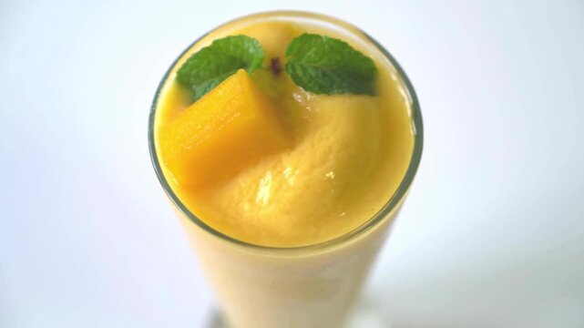 Mango smoothie with fresh fruit chunks and mint leaves, yellow tropical fruit shake in glass, healthy organic mango lassi on white background