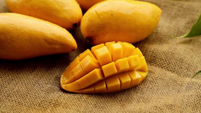 Fresh yellow mangoes on rustic burlap background, ripe tropical mango fruit with sliced cubes, organic sweet mangoes for healthy diet