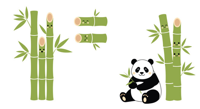 Adorable giant panda bear sitting next to several green bamboo stalks, some of which feature cute smiling animated faces.