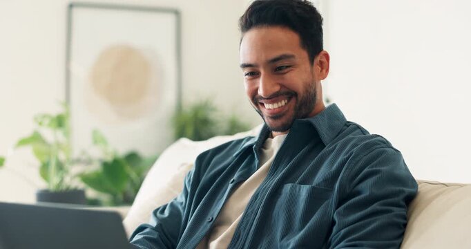 Happy, man and reading in home with laptop, research and finance report for mortgage. Male person, laughing or pc at house for budget review, online payment and financial audit for household expenses