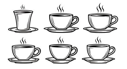 Fototapeta premium Six steaming cups on saucers: a set of hand-drawn coffee or tea illustrations for beverages.