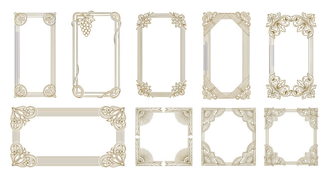 Elegant collection of vintage decorative frames with ornate floral and geometric patterns suitable for invitations and classic design projects.